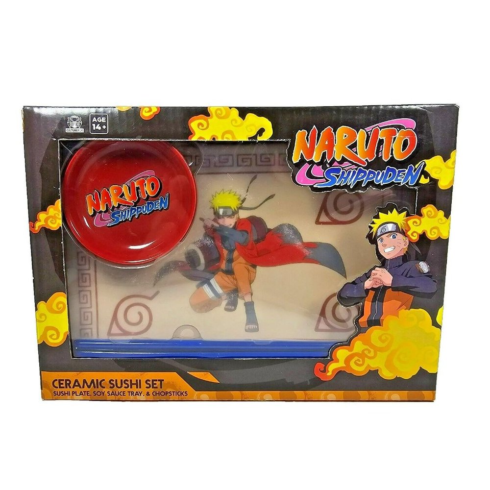 Naruto Shippuden Ceramic Sushi Plate Set w/ Soy Sauce Tray & Blue Chopsticks NEW
